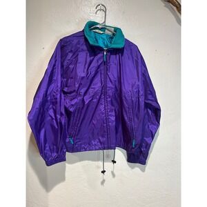 LL Bean Vintage Purple Teal Windbreaker Jacket Womens Large Full Zip Hooded 90s